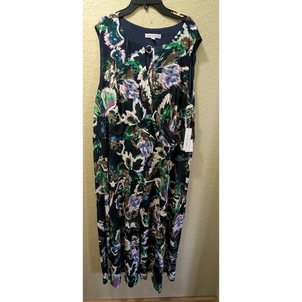 NEW Sandra Darren Womens Maxi Dress 3X Navy Watercolor Tropical Floral